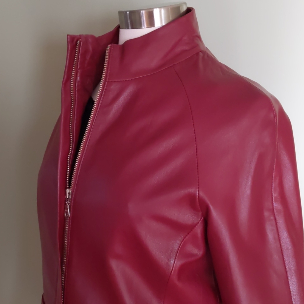 Nicole Miller Cranberry Red Leather Jacket Belted